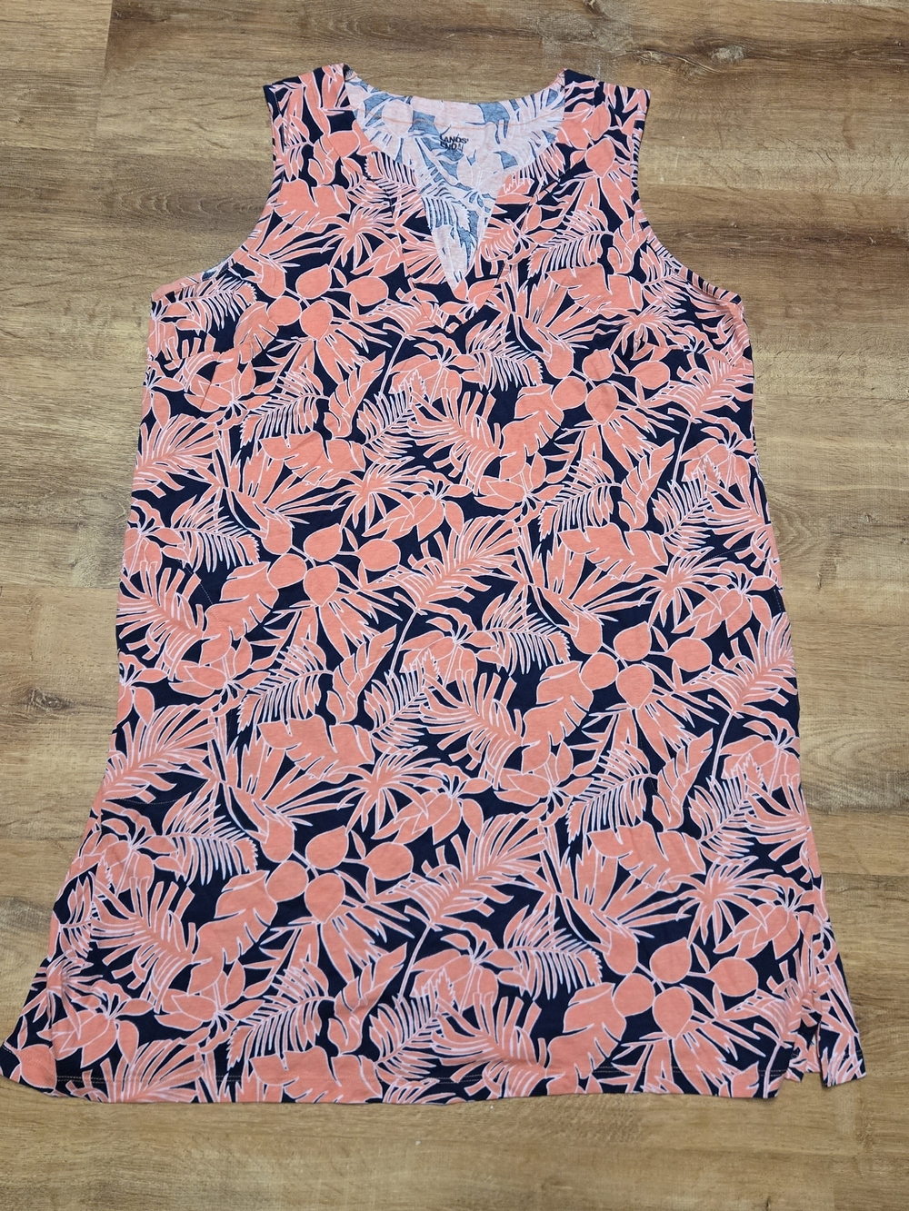 Lands' End Coral and Navy Tropical Print Mini Dress 1x Pockets 100% Cotton